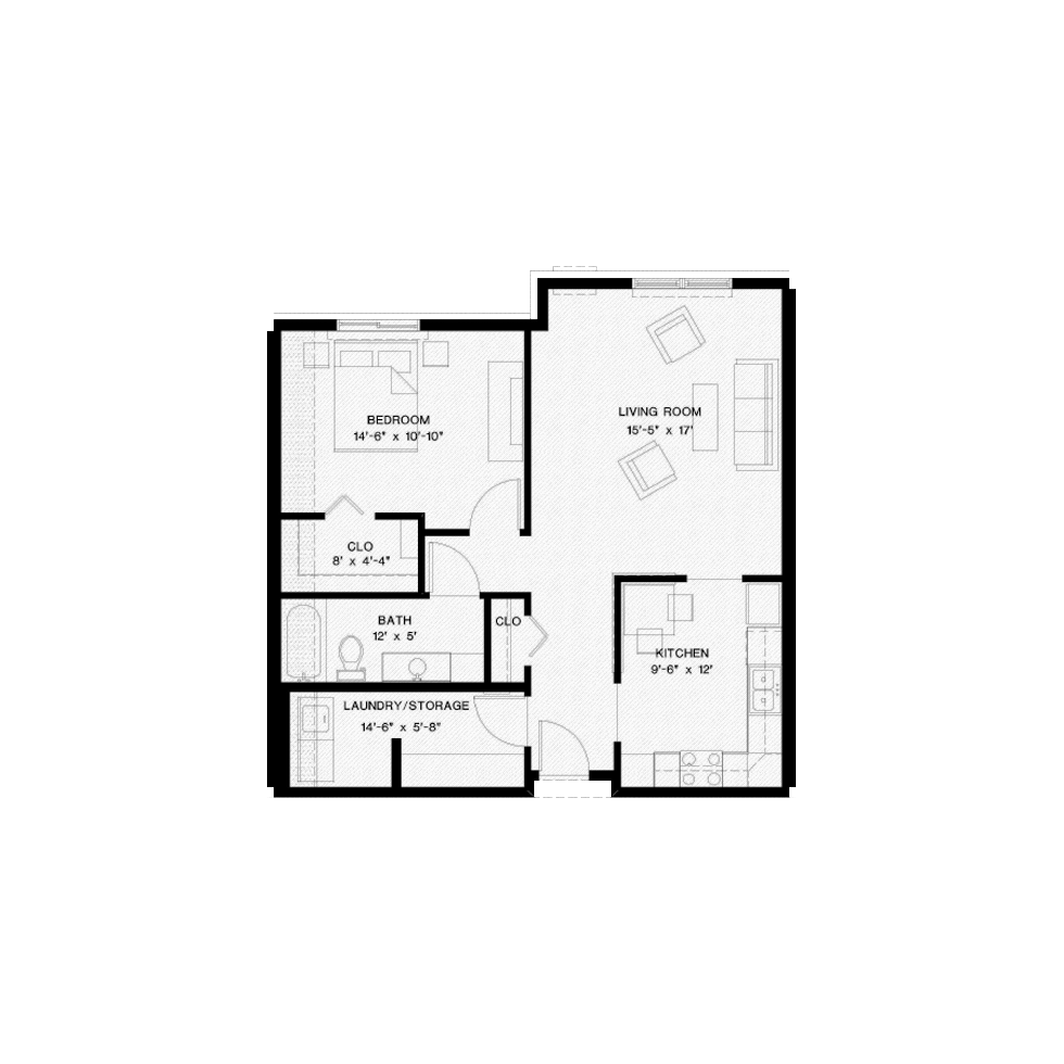 Vicksburg Crossing's "Garnet" layout, with one bedroom and 850 Sq Ft.