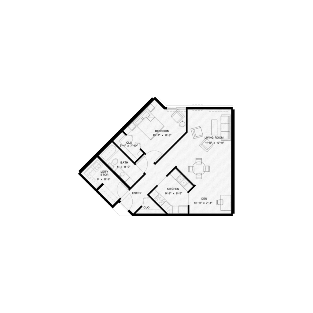 Vicksburg Crossing's "Topaz" layout, with one bedroom and 884 Sq Ft.