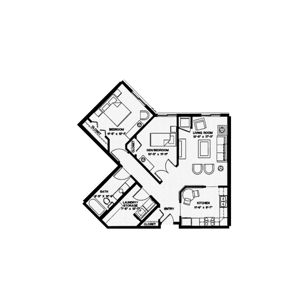 Vicksburg Crossing's "Opal" layout, with one bedroom and 950 Sq Ft.