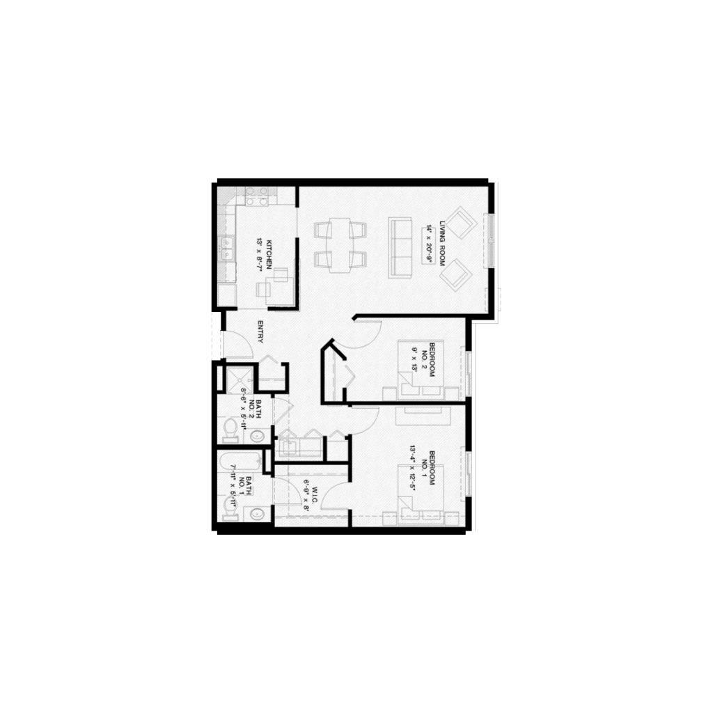 Vicksburg Crossing's "Emerald" layout, with two bedroom and 1,055 Sq Ft.
