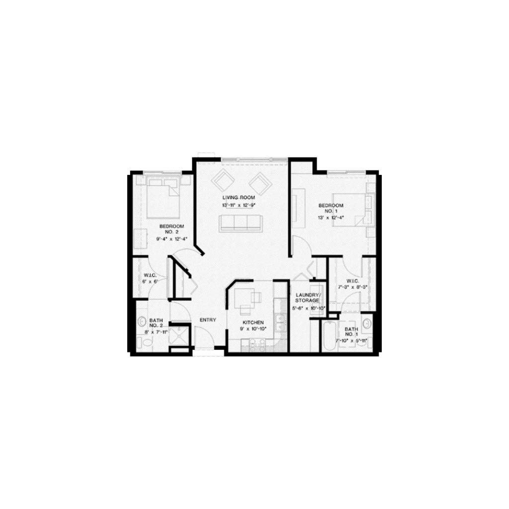 Vicksburg Crossing's "Sapphire" layout, with two bedroom and 1,055 Sq Ft.